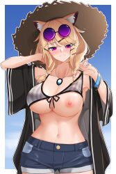 Rule 34 | 1girl, absurdres, animal ear fluff, animal ears, arknights, bikini, bikini pull, bikini top only, blonde hair, blue nails, blue shorts, blush, breasts, cleavage, clothes pull, collarbone, denim, denim shorts, eyewear on head, front-tie bikini top, front-tie top, grey bikini, hair between eyes, hands up, hat, highres, jewelry, large breasts, looking at viewer, nail polish, navel, necklace, nipples, official alternate costume, open clothes, purple eyes, short hair, short shorts, shorts, solo, standing, stomach, strap pull, straw hat, striped bikini, striped clothes, sun hat, sunglasses, swimsuit, swimsuit cover-up, utage (arknights), utage (summer flowers) (arknights), vertical-striped bikini, vertical-striped clothes, z.taiga