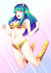Rule 34 | 1girl, :d, animal print, bikini, boots, breasts, clenched hands, commentary request, fang, full body, gradient hair, green hair, hand on own stomach, highres, horns, knee boots, long hair, lum, medium breasts, multicolored hair, navel, noise (tsuzuki), open mouth, pointy ears, print bikini, print footwear, purple hair, simple background, smile, solo, swimsuit, tiger print, urusei yatsura, yellow eyes