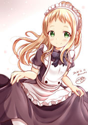 Rule 34 | 1girl, alternate costume, apron, black bow, black dress, blonde hair, blush, bow, closed mouth, collared dress, dated, dress, enmaided, frilled apron, frills, green eyes, highres, inose mai, koisuru asteroid, long hair, maid, maid apron, maid headdress, pantyhose, ponytail, puffy short sleeves, puffy sleeves, short sleeves, signature, skirt hold, smile, solo, thick eyebrows, twitter username, very long hair, white apron, white pantyhose, xenon (for achieve)
