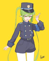 Rule 34 | 1girl, black jacket, black shorts, blue archive, green hair, gwyn rtrd, hat, jacket, nozomi (blue archive), pantyhose, shorts, simple background, twintails, white pantyhose, yellow eyes