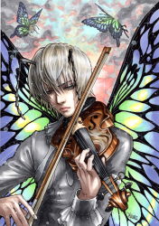 Rule 34 | 1boy, absurdres, antennae, bow (music), butterfly wings, clone, green eyes, grey hair, half-closed eyes, highres, hunter x hunter, insect wings, instrument, long sleeves, male focus, mini person, miniboy, multiple persona, music, playing instrument, shaiapouf, signature, sparkle, takumi (marlboro), violin, wings