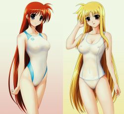 Rule 34 | 00s, arms behind back, blonde hair, blue eyes, breasts, brown hair, competition swimsuit, fate testarossa, gradient background, highres, large breasts, lyrical nanoha, mahou shoujo lyrical nanoha, mahou shoujo lyrical nanoha strikers, navel, nipples, one-piece swimsuit, pussy, red eyes, school swimsuit, see-through, swimsuit, takamachi nanoha, uncensored, white one-piece swimsuit, white school swimsuit