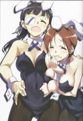 Rule 34 | 2girls, absurdres, animal ears, arm between breasts, between breasts, black hair, blush, breasts, cleavage, eyepatch, closed eyes, fake animal ears, hair ribbon, hand on own hip, highres, kurashima tomoyasu, laughing, long hair, minna-dietlinde wilcke, multiple girls, open mouth, pantyhose, playboy bunny, ponytail, rabbit ears, red eyes, ribbon, sakamoto mio, scan, short hair, simple background, strike witches, white background, world witches series, wrist cuffs
