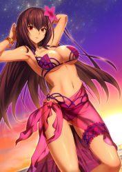 Rule 34 | 1girl, bangle, bikini, bracelet, breasts, bridal garter, dutch angle, emanon123, fate/grand order, fate (series), flower, hair flower, hair ornament, hibiscus, highres, jewelry, large breasts, long hair, looking at viewer, navel, purple hair, red eyes, sarong, scathach (fate), scathach (fate/grand order), scathach (swimsuit assassin) (fate), solo, sunset, swimsuit