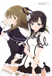 Rule 34 | 2girls, absurdres, assault lily, black hair, brown eyes, brown hair, copyright name, cowboy shot, flower, hair flower, hair ornament, highres, kuo shenlin, looking at viewer, looking to the side, megami magazine, multiple girls, official art, scan, sideways glance, simple background, thighhighs, umeshita manami, wang yujia, white background, white legwear