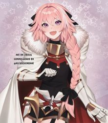 Rule 34 | 1boy, armor, artist name, astolfo (fate), black ribbon, blush, braid, commission, fang, fate/grand order, fate (series), hair ribbon, lavelis, looking at viewer, male focus, multicolored hair, open mouth, pink hair, purple eyes, ribbon, single braid, smile, solo, trap, two-tone hair, white hair