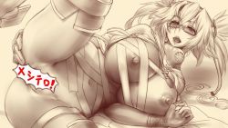 Rule 34 | 10s, 1girl, bandages, blush, boots, breasts, censored, cleavage, curvy, glasses, hair between eyes, hayama kazusa, huge breasts, japanese text, kantai collection, leg up, lying, monochrome, musashi (kancolle), on side, open mouth, presenting, spread legs, tagme, thigh boots, thighhighs, translation request