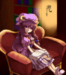 Rule 34 | 1girl, armchair, bad id, bad pixiv id, blush, book, bookshelf, bow, candle, chair, crescent, female focus, hair ribbon, hat, long hair, looking at viewer, mikan (ama no hakoniwa), patchouli knowledge, purple eyes, purple hair, ribbon, sitting, slippers, solo, touhou