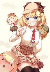 Rule 34 | 1girl, animal, blonde hair, blue eyes, brown hat, brown skirt, bubba (watson amelia), chibi, detective, dog, doll, grin, hair ornament, hanh chu, hat, highres, hololive, hololive english, holomyth, long sleeves, looking at viewer, necktie, open mouth, pocket watch, polo shirt, red necktie, shirt, short hair, skirt, smile, smol ame, solo, teeth, virtual youtuber, watch, watson amelia, white shirt, yellow background