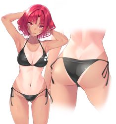 Rule 34 | 1girl, armpits, arms up, ass, bare arms, bare shoulders, bikini, black bikini, breasts, cleavage, collarbone, doitsuudon, gluteal fold, highres, horikawa raiko, looking at viewer, medium breasts, multiple views, red eyes, red hair, short hair, side-tie bikini bottom, simple background, standing, swimsuit, tan, tanline, touhou, white background