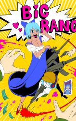 Rule 34 | 2girls, annyui (cookie), assault rifle, blue dress, blue eyes, blue hair, bow, breast tattoo, breasts, brown headwear, cirno, cirno (cookie), cleavage, clenched teeth, clothes lift, colored skin, commentary request, cookie (touhou), dark-skinned female, dark skin, dress, dress lift, english text, full body, green jacket, gun, hair between eyes, hair bow, handgun, hat, headphones, heart, heart-shaped pupils, highres, jacket, long sleeves, looking at viewer, medium breasts, money, multiple girls, no pupils, open mouth, pov, puffy short sleeves, puffy sleeves, revolver, rifle, short hair, short sleeves, strap slip, symbol-shaped pupils, tan, tanned cirno, tattoo, teeth, tongue, tongue out, touhou, tsuno (nicoseiga11206720), under skirt, weapon, white skin, yellow background