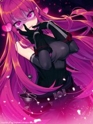 Rule 34 | 1girl, bare shoulders, belt, black belt, black gloves, black pants, black sweater, blush, breasts, character request, detached sleeves, dutch angle, gloves, gluteal fold, grey sleeves, hair between eyes, heart, heart-shaped pupils, highres, lim jaejin, long hair, long sleeves, looking at viewer, medium breasts, official art, pants, parted lips, pink hair, purple eyes, ribbed sweater, sleeveless, sleeveless sweater, smile, solo, soulworker, sweater, symbol-shaped pupils, thigh gap, very long hair, watermark