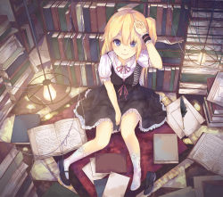 Rule 34 | 1girl, arm up, blonde hair, blue eyes, book, bookshelf, la-na, lace, light bulb, mary janes, original, quill, quill pen, shoes, side ponytail, sitting, smile, solo, white legwear, wrist cuffs