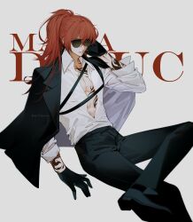 Rule 34 | 1boy, abs, bishounen, black gloves, character name, diluc (genshin impact), english text, eriimyon, formal, full body, genshin impact, gloves, highres, long hair, male focus, pants, ponytail, red hair, shirt, simple background, solo, suit, sunglasses, tattoo, toned, toned male, white background, white shirt