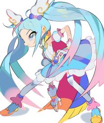 Rule 34 | 1girl, arched back, arm at side, blue bow, blue eyes, blue sky, boots, bow, colored tips, commentary, corset, cure sky, detached sleeves, earclip, fingerless gloves, full body, gloves, hair bow, hand on own hip, heart, heart necklace, highres, hirogaru sky! precure, jewelry, leaning forward, legs apart, long hair, multicolored hair, multiple hair bows, necklace, nedoco, outstretched leg, pink hair, precure, profile, protected link, puffy short sleeves, puffy sleeves, shirt, short sleeves, simple background, sky, sleeveless, sleeveless shirt, smile, solo, sora harewataru, standing, thighhighs, tsurime, twintails, v-shaped eyebrows, very long hair, white background, white gloves, white shirt, white thighhighs, wing hair ornament