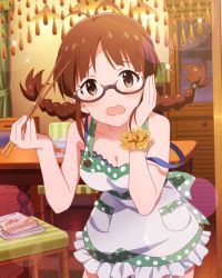 Rule 34 | 10s, 1girl, akizuki ritsuko, antenna hair, apron, artist request, bare shoulders, blush, braid, breasts, brown eyes, brown hair, chair, chopsticks, cleavage, collarbone, curtains, dress, food, frills, glasses, idolmaster, idolmaster (classic), idolmaster million live!, idolmaster million live! theater days, indoors, long hair, looking at viewer, medium breasts, official art, open mouth, solo, table, twin braids
