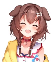 Rule 34 | 1girl, :d, animal collar, animal ears, blush, bone hair ornament, braid, breasts, brown eyes, brown hair, cleavage, closed eyes, collar, dog ears, double-parted bangs, dress, extra ears, facing viewer, fangs, hair between eyes, hair ornament, hairclip, head tilt, highres, hololive, inugami korone, inugami korone (1st costume), jacket, long hair, low twin braids, low twintails, medium breasts, off shoulder, open clothes, open jacket, open mouth, red collar, simple background, single bare shoulder, sleeveless, sleeveless dress, smile, solo, takumin dx, twin braids, twintails, upper body, virtual youtuber, white background, white dress, yellow jacket