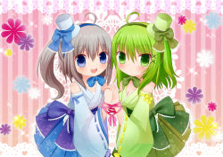 Rule 34 | 2girls, :o, absurdres, ahoge, alternate costume, alternate headwear, bad id, bad pixiv id, blue eyes, border, breasts, cleavage, detached sleeves, flower, green eyes, green hair, hair ribbon, hakama, hakama short skirt, hakama skirt, hat, hat ribbon, heads together, highres, holding hands, interlocked fingers, japanese clothes, lace, lace border, looking at viewer, luna 1025, mononobe no futo, multiple girls, neck ribbon, open mouth, ornate border, ponytail, ribbon, short hair, side ponytail, silver hair, skirt, soga no tojiko, sparkle, striped, striped background, top hat, touhou, vertical stripes, wrist ribbon