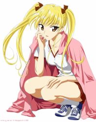 Rule 34 | 00s, 1girl, blonde hair, brown eyes, gym uniform, jacket, jacket on shoulders, jpeg artifacts, long hair, looking at viewer, sawachika eri, school rumble, shoes, simple background, sneakers, solo, squatting, twintails, white background