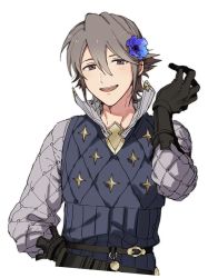 Rule 34 | 1boy, absurdres, belt, black gloves, blush, brown eyes, ear piercing, fire emblem, fire emblem fates, flower, gambeson, gloves, gnsn tori, gold trim, hair flower, hair ornament, hand on own hip, highres, laslow (fire emblem), long sleeves, looking at viewer, male focus, nintendo, open mouth, piercing, simple background, solo, upper body, white background