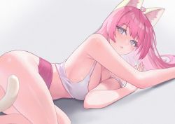 Rule 34 | 1girl, :3, ahoge, animal ears, bare shoulders, blue eyes, blush, breasts, cat ears, cat girl, cleavage, closed mouth, commentary, crop top, fiodo, heart, heart-shaped pupils, legs, lips, long hair, looking at viewer, lying, medium breasts, on side, original, panties, pink panties, simple background, smile, solo, symbol-only commentary, symbol-shaped pupils, tail, underwear, white background