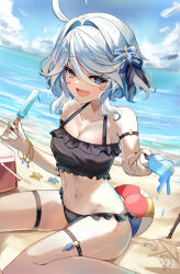 Rule 34 | 1girl, :d, absurdres, aether (genshin impact), ahoge, ball, beach, beachball, bikini, bimmy, black bikini, blue eyes, blue hair, blue sky, blush, breasts, cleavage, cloud, commentary, day, english commentary, food, furina (genshin impact), genshin impact, hair between eyes, hair ornament, highres, holding, holding food, holding popsicle, looking at viewer, medium breasts, multicolored hair, ocean, open mouth, outdoors, popsicle, sand, sky, smile, solo, summer, swimsuit, thigh strap, two-tone hair, white hair