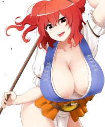 Rule 34 | &gt;:d, 1girl, :d, breasts, cleavage, collarbone, covered erect nipples, cowboy shot, downblouse, fundoshi, hair bobbles, hair ornament, hanging breasts, highres, holding, holding weapon, huge breasts, japanese clothes, leaning forward, loincloth, looking at viewer, mattari yufi, no bra, no pants, obi, onozuka komachi, open mouth, puffy short sleeves, puffy sleeves, red eyes, red hair, sash, scythe, shiny skin, short sleeves, smile, solo, thighs, touhou, twintails, two side up, v-shaped eyebrows, weapon, white background