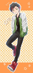 Rule 34 | 1boy, black hair, black shirt, closed mouth, ensemble stars!, fang, fang out, full body, hands in pockets, highres, jacket, jewelry, male focus, multicolored hair, nagumo tetora, namo, necklace, open clothes, open jacket, red footwear, red hair, shirt, short hair, simple background, solo, star (symbol), streaked hair, yellow eyes