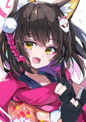 Rule 34 | 1girl, animal ear fluff, animal ears, black gloves, black hair, blue archive, blush, commentary request, eyeshadow, fang, floral print, fox ears, fox girl, fox hair ornament, gloves, hair ornament, halo, highres, izuna (blue archive), japanese clothes, kimono, looking at viewer, makeup, medium hair, omochishiki, open mouth, partially fingerless gloves, pink eyeshadow, pink kimono, pink scarf, pom pom (clothes), pom pom hair ornament, scarf, simple background, skin fang, solo, upper body, white background, yellow eyes