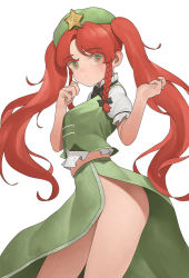 Rule 34 | 1girl, bad id, bad pixiv id, beret, braid, green eyes, hat, hong meiling, long hair, ni (221), no panties, red eyes, red hair, side slit, simple background, solo, star (symbol), thighs, touhou, twin braids, twintails, white background