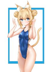 Rule 34 | 1girl, absurdres, animal ear fluff, animal ears, blonde hair, blue eyes, blue one-piece swimsuit, breasts, cat ears, cat tail, competition swimsuit, cowboy shot, double bun, girls&#039; frontline, highleg, highleg swimsuit, highres, idw (girls&#039; frontline), long hair, looking at viewer, one-piece swimsuit, small breasts, solo, standing, swimsuit, tail, tor ai, wet, white background