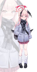 Rule 34 | 1girl, absurdres, alternate hairstyle, black footwear, black scarf, black wings, blue archive, blush, checkered clothes, checkered skirt, closed mouth, fringe trim, full body, grey jacket, halo, head wings, highres, jacket, koharu (blue archive), loloco, long hair, loose socks, pink eyes, pink hair, pleated skirt, red halo, red skirt, scarf, shoes, simple background, skirt, socks, solo, white background, white socks, wings, zoom layer