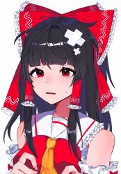 Rule 34 | 1girl, absurdres, black hair, blunt bangs, blush, bow, breasts, commentary request, crossed bandaids, detached sleeves, frilled bow, frilled hair tubes, frilled shirt collar, frills, hair bow, hair tubes, hakurei reimu, highres, long hair, looking at viewer, medium breasts, nadhia 14, necktie, open mouth, red bow, red eyes, red shirt, ribbon-trimmed sleeves, ribbon trim, shirt, sidelocks, simple background, sleeveless, sleeveless shirt, solo, touhou, upper body, white background, white sleeves, yellow necktie