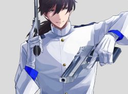 Rule 34 | 1boy, black hair, bluespeaker, close-up, fate/grand order, fate (series), gloves, gun, japanese clothes, koha-ace, long hair, long sleeves, looking to the side, male focus, ponytail, sakamoto ryouma (fate), simple background, smile, solo, upper body, weapon, white gloves