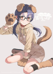 Rule 34 | 1girl, animal ears, animal hands, arm support, black-framed eyewear, black hair, black socks, blush, bone print, breasts, brown eyes, brown footwear, brown gloves, brown hoodie, brown leg warmers, brown overalls, commentary request, dog ears, dog tail, fake animal ears, fake tail, fur-trimmed gloves, fur-trimmed sleeves, fur trim, glasses, gloves, grey background, hand up, highres, hood, hoodie, idolmaster, idolmaster million live!, idolmaster million live! theater days, long hair, long sleeves, looking at viewer, low twintails, medium breasts, official alternate costume, overall shorts, overalls, paw gloves, paw print, razi, sitting, smile, socks, solo, tail, takayama sayoko, thighs, translation request, twintails, v-shaped eyebrows, wariza