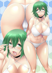 Rule 34 | 1girl, :d, adjusting eyewear, arms behind back, ass, ayato, bikini, black choker, breasts, choker, cleavage, closed mouth, commentary request, criss-cross halter, crotch seam, glasses, gluteal fold, green eyes, green hair, halterneck, highres, huge breasts, infinite stratos, leaning forward, looking at viewer, multi-strapped bikini, multiple views, navel, open mouth, partial commentary, semi-rimless eyewear, short hair, skindentation, smile, standing, string bikini, swimsuit, thigh gap, thong bikini, under-rim eyewear, white-framed eyewear, white bikini, yamada maya (infinite stratos)