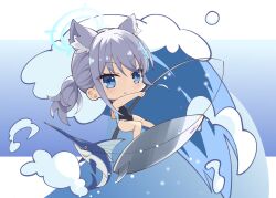 1girl :o animal_ear_fluff animal_ears bare_arms black_one-piece_swimsuit blue_archive blue_background blue_eyes blush bright_pupils casual_one-piece_swimsuit chibi chinese_commentary commentary_request extra_ears fish fishing_rod full_body fuyou_lev grey_hair hair_between_eyes highres holding holding_fishing_rod looking_ahead medium_hair mismatched_pupils official_alternate_costume one-piece_swimsuit open_mouth shiroko_(blue_archive) shiroko_(swimsuit)_(blue_archive) sidelocks simple_background solo standing swimsuit tsurime waves white_pupils wolf_ears