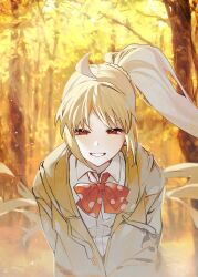 Rule 34 | 1girl, ahoge, blonde hair, bocchi the rock!, bow, bowtie, collared shirt, commentary, forest, green jacket, half-closed eyes, highres, ijichi nijika, jacket, long hair, long sleeves, looking at viewer, nature, open clothes, open jacket, open mouth, outdoors, red bow, red bowtie, red eyes, shirt, side ponytail, sidelocks, smile, solo, symbol-only commentary, tree, upper body, very long hair, white shirt, yasumigohan