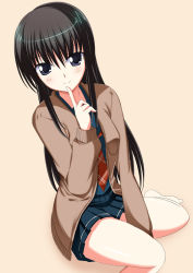 Rule 34 | 1girl, beige background, black hair, blue skirt, blush, closed mouth, finger to mouth, futami eriko, index finger raised, kimi kiss, long sleeves, looking at viewer, miniskirt, necktie, pleated skirt, red necktie, shio, shushing, simple background, sitting, skirt, smile, solo, wariza