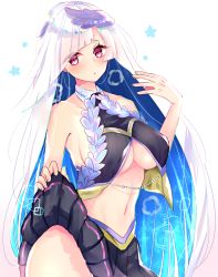 Rule 34 | 1girl, bare shoulders, black skirt, blush, breasts, brynhildr (cheer for master) (fate), brynhildr (fate), cheerleader, cleavage, clothes lift, cowboy shot, fate/grand order, fate (series), large breasts, long hair, navel, purple eyes, putimaxi, sideboob, silver hair, skirt, skirt lift, solo, stomach, sweat, very long hair, winged hair ornament