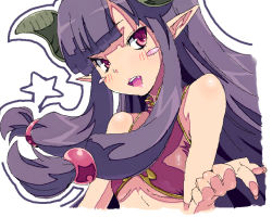 Rule 34 | 1girl, aliasing, amami amayu, blush, blush stickers, breasts, demon girl, elf, horns, long pointy ears, looking at viewer, pink eyes, pointy ears, purple hair, simple background, small breasts, solo, white background