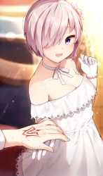 Rule 34 | 1girl, :d, bare shoulders, blurry, blurry background, breasts, choker, cleavage, command spell, depth of field, dress, fate/grand order, fate (series), flower, gloves, hair flower, hair ornament, hair over one eye, highres, long sleeves, looking at viewer, mash kyrielight, mash kyrielight (formal dress), mono (mono mon), off-shoulder dress, off shoulder, official alternate costume, open mouth, out of frame, pink hair, purple eyes, ribbon, ribbon choker, smile, solo focus, white dress, white flower, white gloves, white ribbon