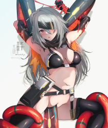Rule 34 | 1girl, armpits, arms up, bestiality, black gloves, blush, boots, breasts, elbow gloves, foley anden, gloves, grey hair, highres, medium breasts, navel, phantasy star, phantasy star online 2, red eyes, restrained, sex, sex machine, solo, stationary restraints, tentacles, thigh boots, thighhighs