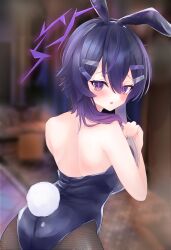 Rule 34 | 1girl, absurdres, blue archive, hair ornament, hairpin, halo, haruka (blue archive), highres, leotard, looking at viewer, looking back, multiple hairpins, n/a tsuna, playboy bunny, purple eyes, purple hair