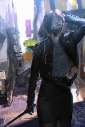 Rule 34 | 1girl, alley, arm behind head, baton (weapon), black hair, black jacket, black skirt, blood, blood on clothes, blood on face, buttons, expandable baton, jacket, looking at viewer, mask, monster, mouth mask, original, pantyhose, pencil skirt, police, police badge, police uniform, policewoman, short hair, sign, skirt, tomono rui, uniform, weapon, whistle
