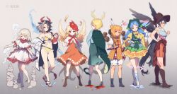 Rule 34 | 6+girls, :d, ;d, ^ ^, animal, animal ears, animal on head, armor, armored dress, bare legs, bare shoulders, barefoot, bikini, bird, black footwear, black hair, black wings, blonde hair, bloomers, blue hair, blue shirt, blush, boots, breasts, brown footwear, chick, closed eyes, commentary request, cow ears, cow horns, crossed legs, double bun, dragon horns, dragon tail, dress, ebisu eika, feathered wings, feathers, from behind, from side, full body, gradient background, green skirt, grey background, grey hair, hair bun, hair ribbon, hajin, hand on own hip, hand up, haniwa (statue), haniyasushin keiki, haori, head scarf, high heel boots, high heels, highres, holding, horns, japanese clothes, jellyfish, joutouguu mayumi, kicchou yachie, kurokoma saki, long hair, long sleeves, looking at viewer, looking back, medium breasts, multicolored hair, multiple girls, navel, niwatari kutaka, off shoulder, on head, one eye closed, open mouth, orange dress, orange skirt, plaid, ponytail, profile, red eyes, red hair, ribbon, rock, sandals, shirt, short dress, short hair, short sleeves, skirt, smile, split-color hair, standing, stomach, swimsuit, tail, thighs, touhou, two-tone hair, underwear, ushizaki urumi, very long hair, watson cross, white bloomers, white dress, white ribbon, white shirt, wide sleeves, wily beast and weakest creature, wings, yellow bikini, yellow dress
