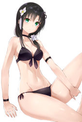 Rule 34 | 1girl, arm at side, arm strap, assault lily, bare shoulders, bikini, black bikini, black choker, black hair, breasts, choker, cleavage, closed mouth, collarbone, fingernails, flower, flower knot, front-tie bikini top, front-tie top, green eyes, groin, hair flower, hair ornament, hair scrunchie, halterneck, hand on own thigh, highres, invisible chair, knee up, long hair, looking at viewer, low ponytail, medium breasts, meen (ouaughikepdvrsf), navel, scrunchie, side-tie bikini bottom, side ponytail, simple background, sitting, solo, stomach, string bikini, swimsuit, tassel, tassel hair ornament, wang yujia, white background, white flower, white scrunchie, wristband