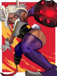 Rule 34 | 1girl, :d, amputee, animal ears, arm cannon, armpits, artist name, bare shoulders, boku no hero academia, border, breasts, clothing cutout, commentary, commission, crescent print, cyborg, dark-skinned female, dark skin, double amputee, english commentary, fur collar, gloves, highleg, highleg leotard, highres, leotard, long eyelashes, looking at viewer, mechanical arms, medium breasts, mirko, motion blur, open mouth, parted bangs, prosthesis, prosthetic leg, purple thighhighs, rabbit ears, rabbit girl, rabbit tail, red eyes, short hair, single mechanical arm, smile, solo, sony (gaysony), tail, tail through clothes, taut leotard, teeth, thick thighs, thighhighs, thighs, toned female, weapon, white border, white gloves, white hair, white leotard