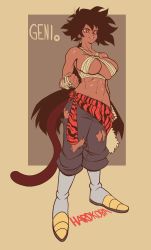 Rule 34 | 1girl, abs, absurdly long hair, absurdres, boots, breasts, cleavage, colored skin, dark-skinned female, dark skin, dragon ball, dragonball z, hardkoba, highres, large breasts, long hair, messy hair, original, pelt, red eyes, saiyan, sarashi, shiny skin, solo, standing, tail, torn clothes, torn legwear, twintails, very long hair, wrapping