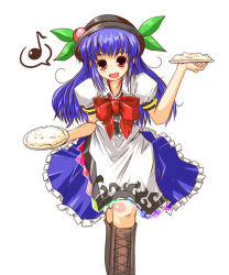 Rule 34 | 1girl, blue hair, boots, female focus, food, fruit, hat, hinanawi tenshi, kanoe soushi, knee boots, long hair, musical note, peach, red eyes, simple background, solo, standing, touhou, white background